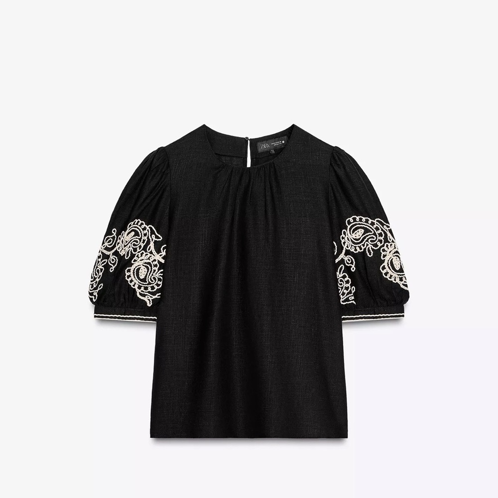 Zara ZW Collection Black Puff-Sleeve Top with White Embroidery